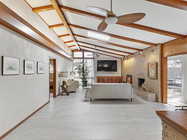 1102 N Graves St, Mckinney, TX 75069 - living room with a ceiling fan, plenty of natural light, and a brick fireplace