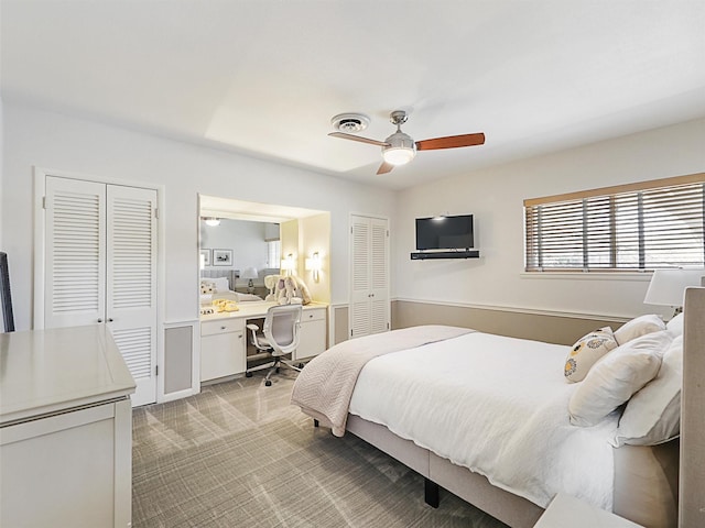 1102 N Graves St, Mckinney, TX 75069 - bedroom with multiple closets, an office area, light colored carpet, and ceiling fan