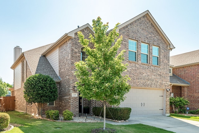 2209 Willard Dr, Mckinney, TX 75072 - traditional-style home with brick siding, driveway, a garage, a front lawn, and roof with shingles