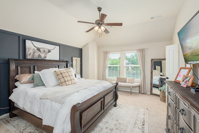2209 Willard Dr, Mckinney, TX 75072 - bedroom with lofted ceiling, light carpet, and a ceiling fan