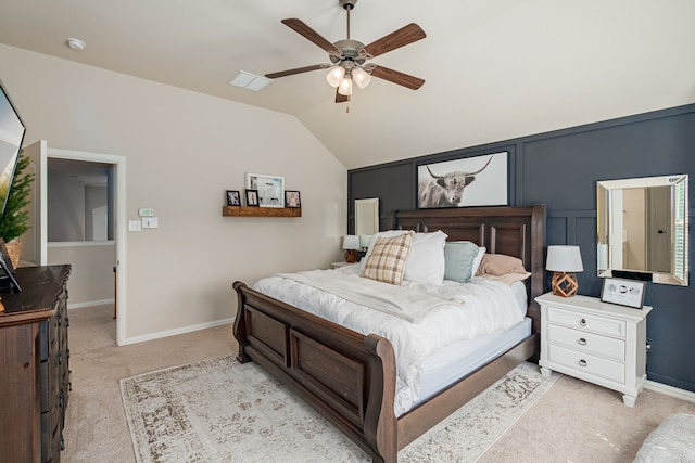 2209 Willard Dr, Mckinney, TX 75072 - bedroom with light carpet, vaulted ceiling, and a ceiling fan