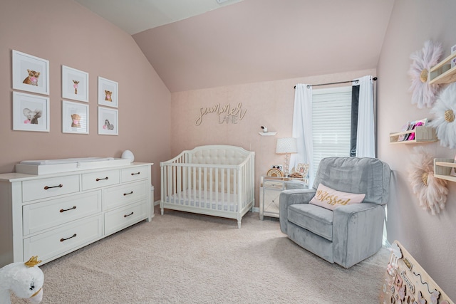 2209 Willard Dr, Mckinney, TX 75072 - bedroom featuring vaulted ceiling, a crib, and light carpet