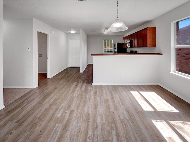 2428 Marimont Ln, Lancaster, TX 75134 - kitchen featuring freestanding refrigerator, stainless steel microwave, plenty of natural light, and decorative light fixtures