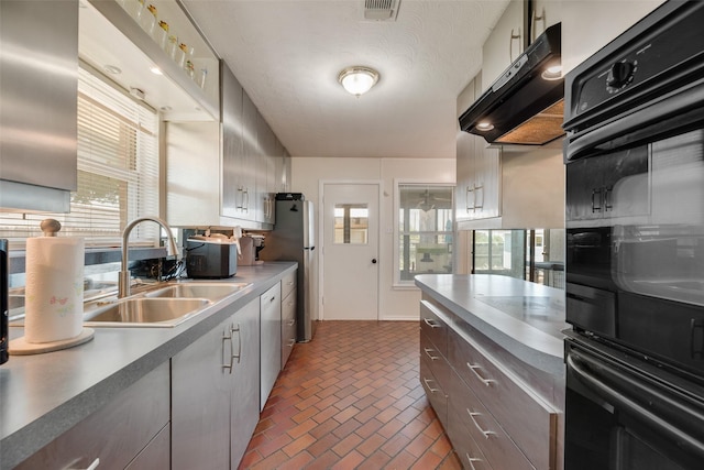 2315 Cardinal Ln, Garland, TX 75042 - kitchen with extractor fan, brick patterned flooring, healthy amount of natural light, and dishwashing machine