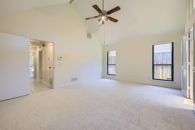 6226 Liberty Hl, Dallas, TX 75248 - unfurnished room featuring high vaulted ceiling, carpet, attic access, a ceiling fan, and beamed ceiling