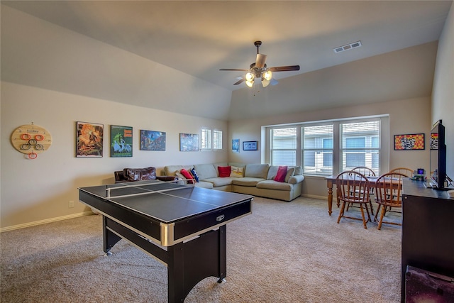 6341 Ashford Trl, Mesquite, TX 75181 - game room with carpet flooring, ceiling fan, and vaulted ceiling