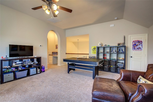 6341 Ashford Trl, Mesquite, TX 75181 - recreation room with ceiling fan, arched walkways, carpet floors, and lofted ceiling