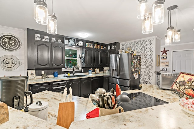 5270 Birch, Paris, TX 75462 - kitchen featuring stainless steel fridge with ice dispenser, dark cabinetry, pendant lighting, and ornamental molding