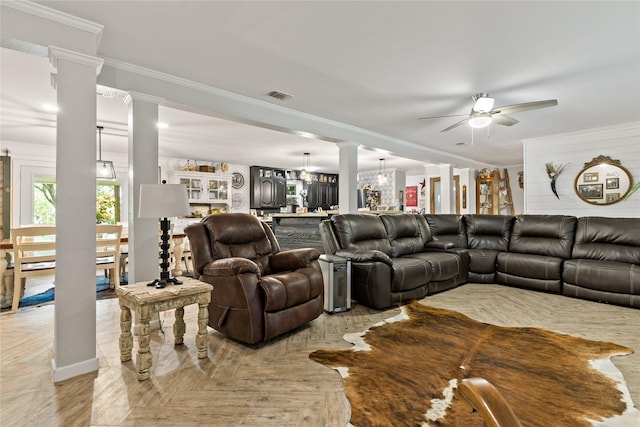 5270 Birch, Paris, TX 75462 - living area with ornate columns, ceiling fan, and ornamental molding