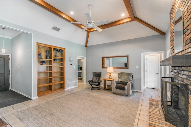 6215 Suffolk Dr, Arlington, TX 76001 - living area featuring tile patterned flooring, ceiling fan, a fireplace, beam ceiling, and recessed lighting