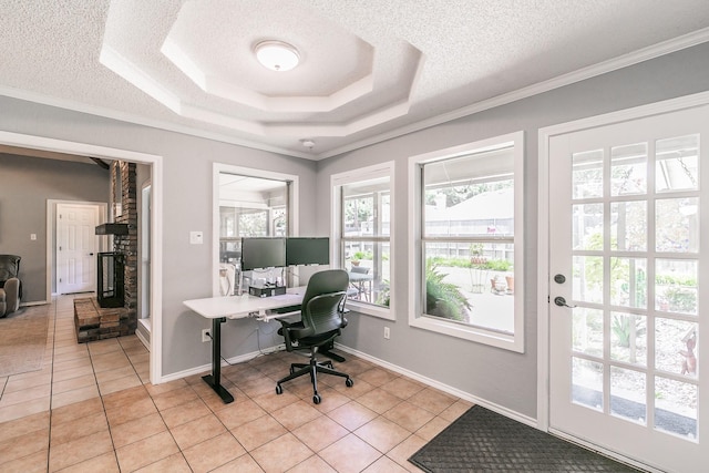 6215 Suffolk Dr, Arlington, TX 76001 - office area featuring a textured ceiling, light tile patterned floors, a tray ceiling, and ornamental molding