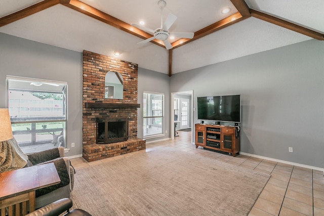 6215 Suffolk Dr, Arlington, TX 76001 - living area with tile patterned flooring, ceiling fan, and a fireplace