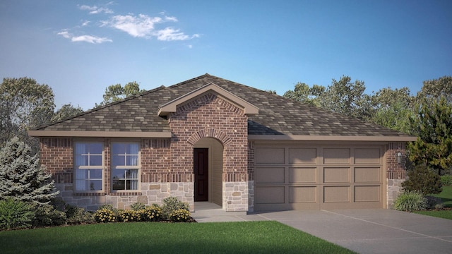 9453 Mint Hill Dr, Fort Worth, TX 76108 - french country home with an attached garage, concrete driveway, brick siding, and stone siding