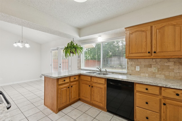 2017 Jessie Pl, Edgecliff Village, TX 76134 - kitchen with dishwasher, a textured ceiling, a peninsula, decorative backsplash, and light tile patterned floors