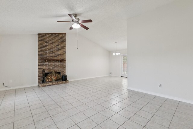 2017 Jessie Pl, Edgecliff Village, TX 76134 - unfurnished living room featuring a ceiling fan, a fireplace, vaulted ceiling, a textured ceiling, and light tile patterned floors