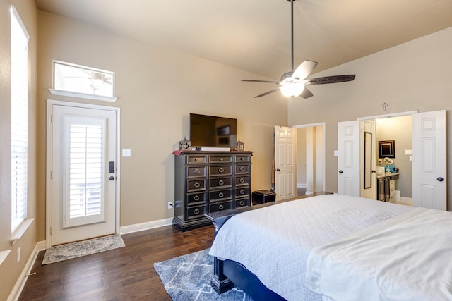 1970 Lake Forest Dr, Rockwall, TX 75087 - bedroom with dark wood-type flooring, high vaulted ceiling, and ceiling fan