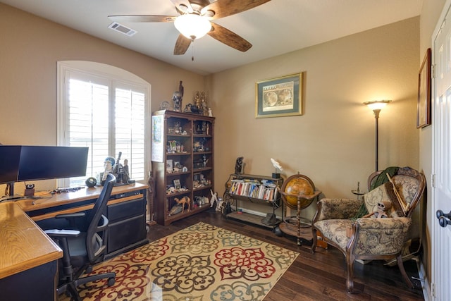 1970 Lake Forest Dr, Rockwall, TX 75087 - home office with a ceiling fan and dark wood-type flooring