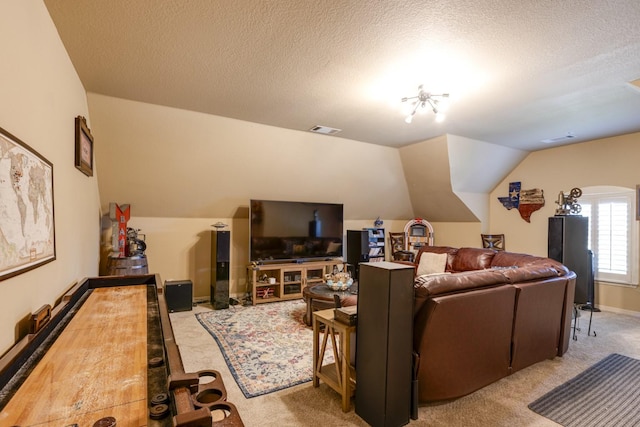 1970 Lake Forest Dr, Rockwall, TX 75087 - living area with carpet floors, vaulted ceiling, and a textured ceiling