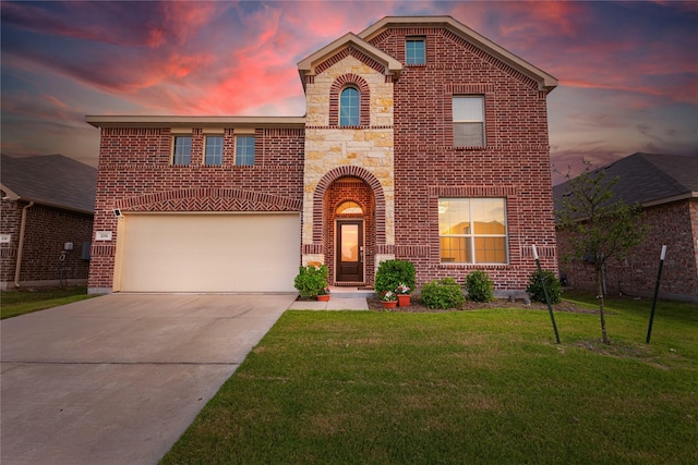 219 Autumn Sage Ln, Princeton, TX 75407 - view of front of property featuring brick siding, driveway, a garage, a lawn, and stone siding