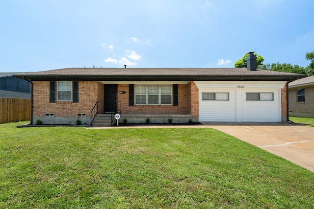 2405 Patricia Ln, Garland, TX 75041 - ranch-style house featuring brick siding, concrete driveway, an attached garage, and a chimney