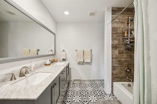 2924 Whitemarsh Cir, Richardson, TX 75080 - bathroom featuring shower / tub combo, double vanity, and tile patterned flooring