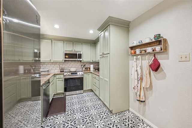 2924 Whitemarsh Cir, Richardson, TX 75080 - kitchen with stainless steel appliances, backsplash, green cabinetry, recessed lighting, and light tile patterned flooring