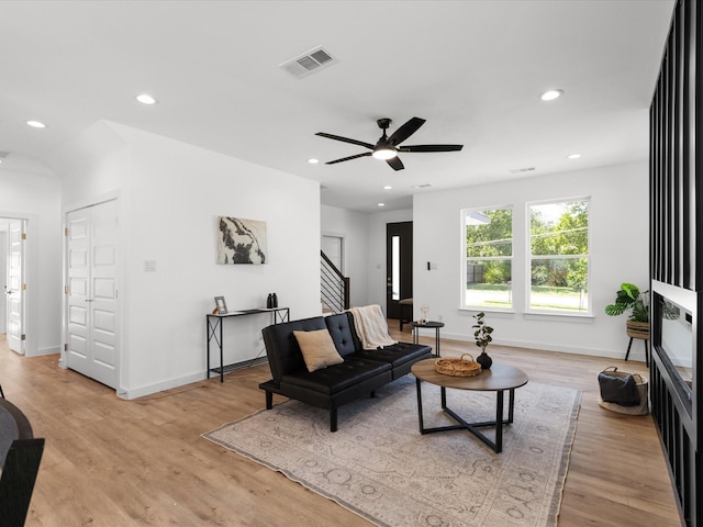 5223 Willie St, Fort Worth, TX 76105 - living area with stairs, light wood-style flooring, recessed lighting, and a ceiling fan