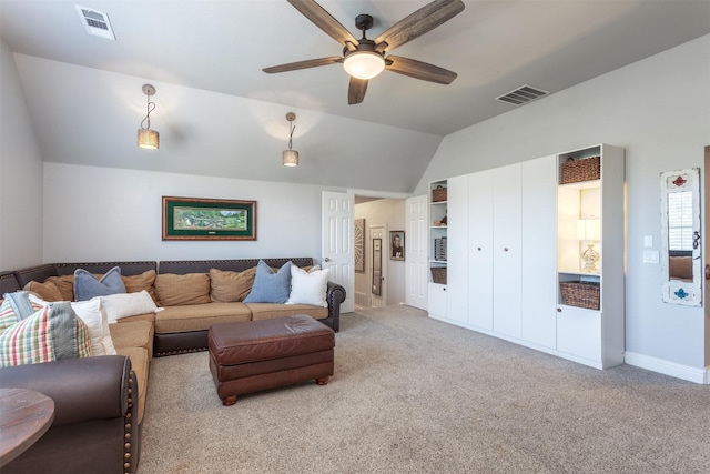 11640 Mesa Verde Dr, Frisco, TX 75033 - carpeted living area featuring lofted ceiling and ceiling fan