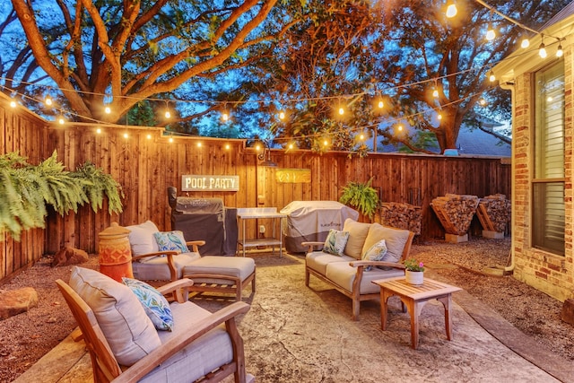11640 Mesa Verde Dr, Frisco, TX 75033 - fenced backyard featuring a grill, an outdoor living space, and a patio area