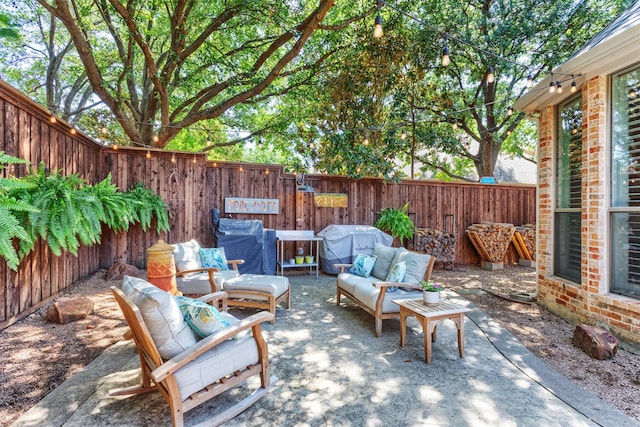 11640 Mesa Verde Dr, Frisco, TX 75033 - fenced backyard featuring outdoor lounge area, a patio, and a grill