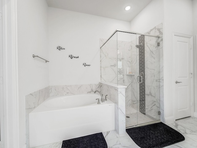 412 Navo Rd, Little Elm, TX 75068 - bathroom featuring marble finish floors, a garden tub, a marble finish shower, and recessed lighting