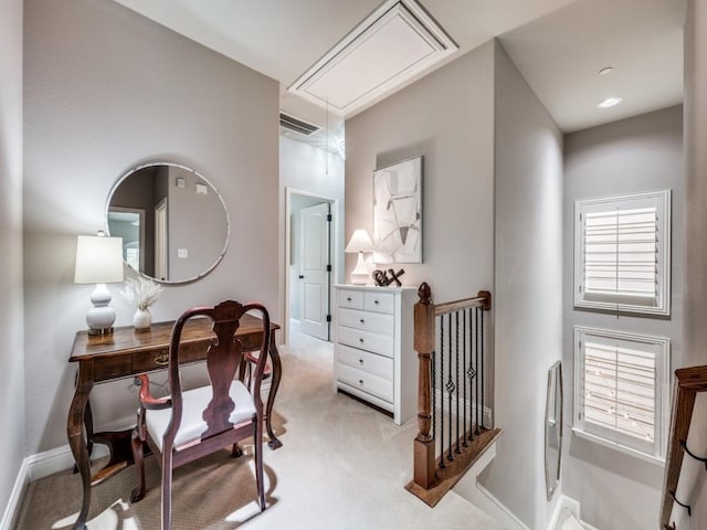 1901 Desoto Dr, Mckinney, TX 75072 - corridor featuring attic access, light carpet, an upstairs landing, and a desk