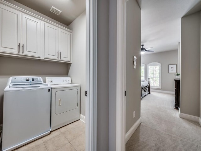 1901 Desoto Dr, Mckinney, TX 75072 - washroom with washer and clothes dryer, cabinet space, a ceiling fan, and light carpet