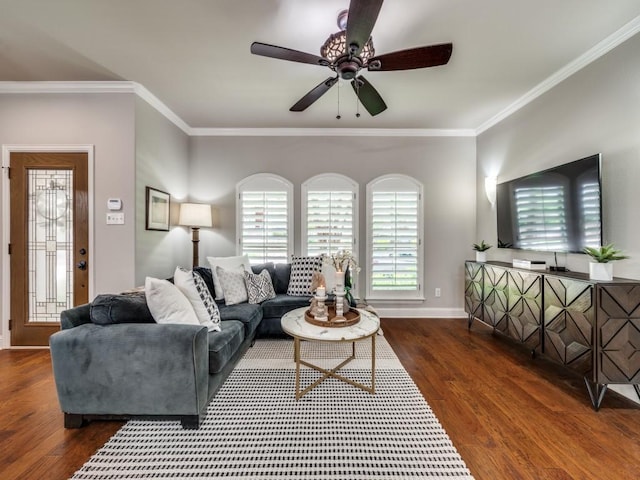 1901 Desoto Dr, Mckinney, TX 75072 - living room featuring ornamental molding, wood finished floors, and ceiling fan
