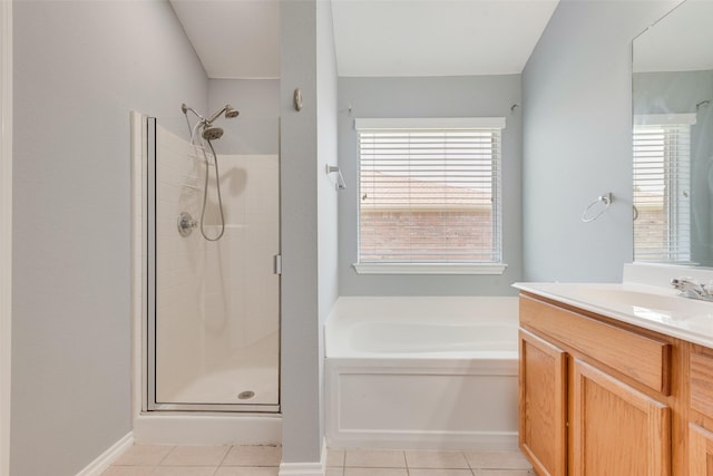 3016 Bryce Dr, Wylie, TX 75098 - bathroom with a shower stall, a bath, tile patterned floors, and vanity