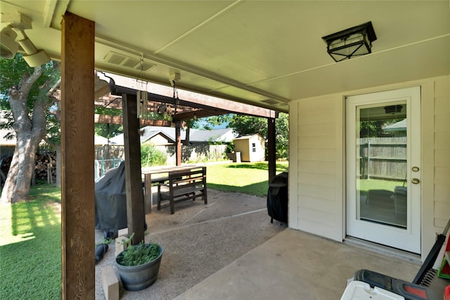 7612 Creekmoore Dr, Fort Worth, TX 76133 - view of patio with a storage unit, outdoor dining area, a grill, and a pergola