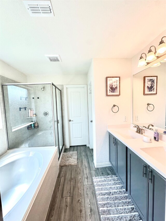 1364 Renoir Dr, Little Elm, TX 75068 - bathroom featuring wood finished floors, a garden tub, a shower stall, and double vanity