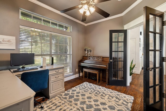 1212 Chandler Cir, Prosper, TX 75078 - office space with a ceiling fan, crown molding, and wood finished floors