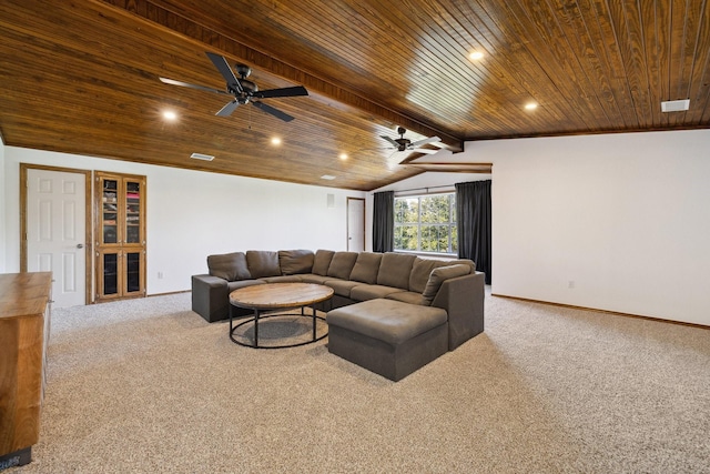 1212 Chandler Cir, Prosper, TX 75078 - carpeted living room featuring wooden ceiling, ceiling fan, and recessed lighting