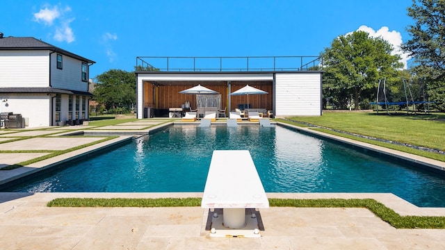 1212 Chandler Cir, Prosper, TX 75078 - swimming pool with a lawn, a diving board, an outdoor hangout area, a patio area, and a trampoline