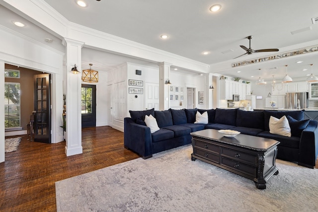 1212 Chandler Cir, Prosper, TX 75078 - living area featuring ornate columns, wood finished floors, a ceiling fan, ornamental molding, and recessed lighting
