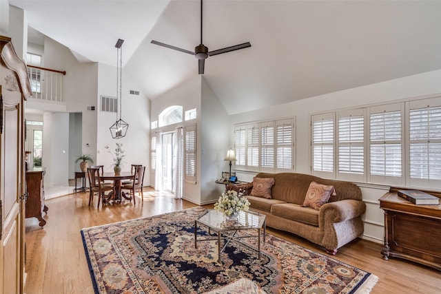 1908 Vantage Dr, Plano, TX 75075 - living room with ceiling fan, high vaulted ceiling, and light wood-style flooring