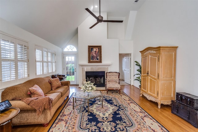 1908 Vantage Dr, Plano, TX 75075 - living area with high vaulted ceiling, a premium fireplace, light wood-style flooring, and a ceiling fan