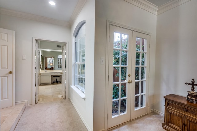 1908 Vantage Dr, Plano, TX 75075 - entryway featuring french doors, carpet flooring, and crown molding