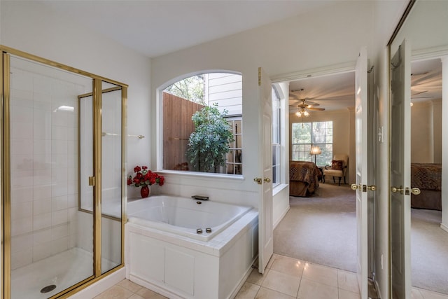 1908 Vantage Dr, Plano, TX 75075 - full bathroom featuring ensuite bath, a garden tub, a shower stall, tile patterned floors, and ceiling fan