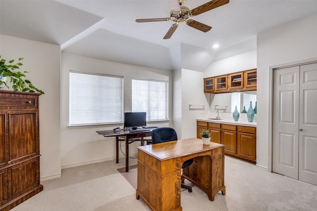 1908 Vantage Dr, Plano, TX 75075 - home office featuring light colored carpet, ceiling fan, lofted ceiling, and recessed lighting