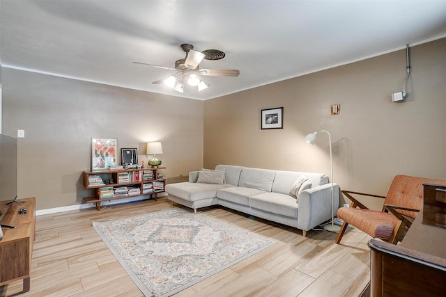 2805 Sadler Ave, Fort Worth, TX 76133 - living room with a ceiling fan, light wood-style flooring, and crown molding