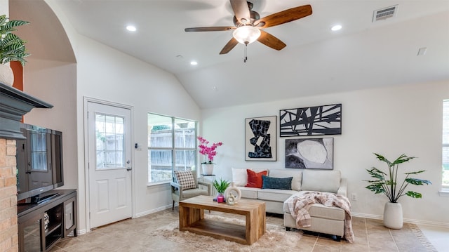 920 Park Forest Dr, Hurst, TX 76053 - living area with a ceiling fan, light tile patterned floors, recessed lighting, and high vaulted ceiling