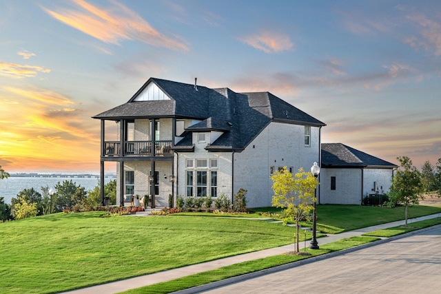 2718 Sunrise Dr, Rowlett, TX 75089 - back of property at dusk with a balcony, a water view, brick siding, and a lawn