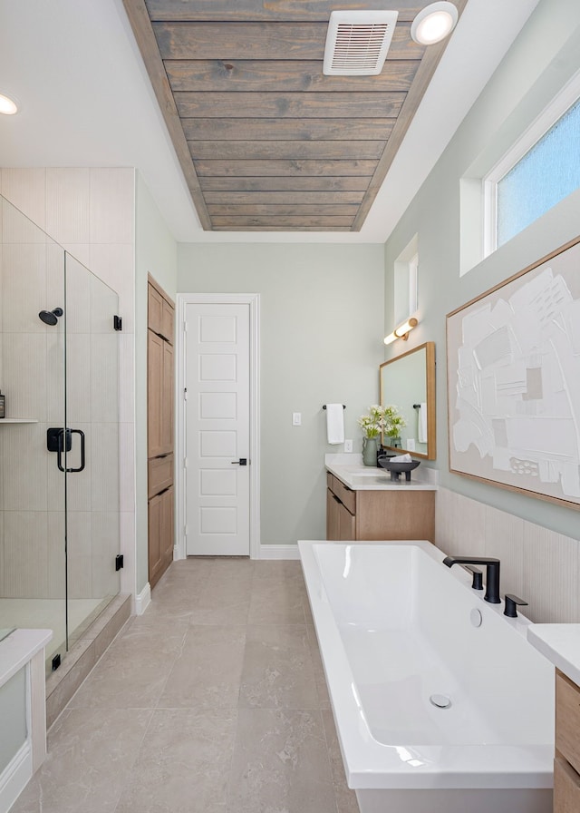 2718 Sunrise Dr, Rowlett, TX 75089 - full bath with vanity, wood ceiling, a shower stall, and a tub